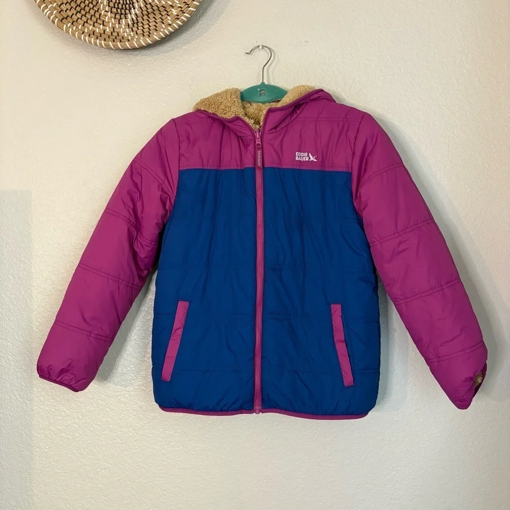 Eddie Bauer Kids Youth Reversible Jacket Girls Purple Blue Teddy